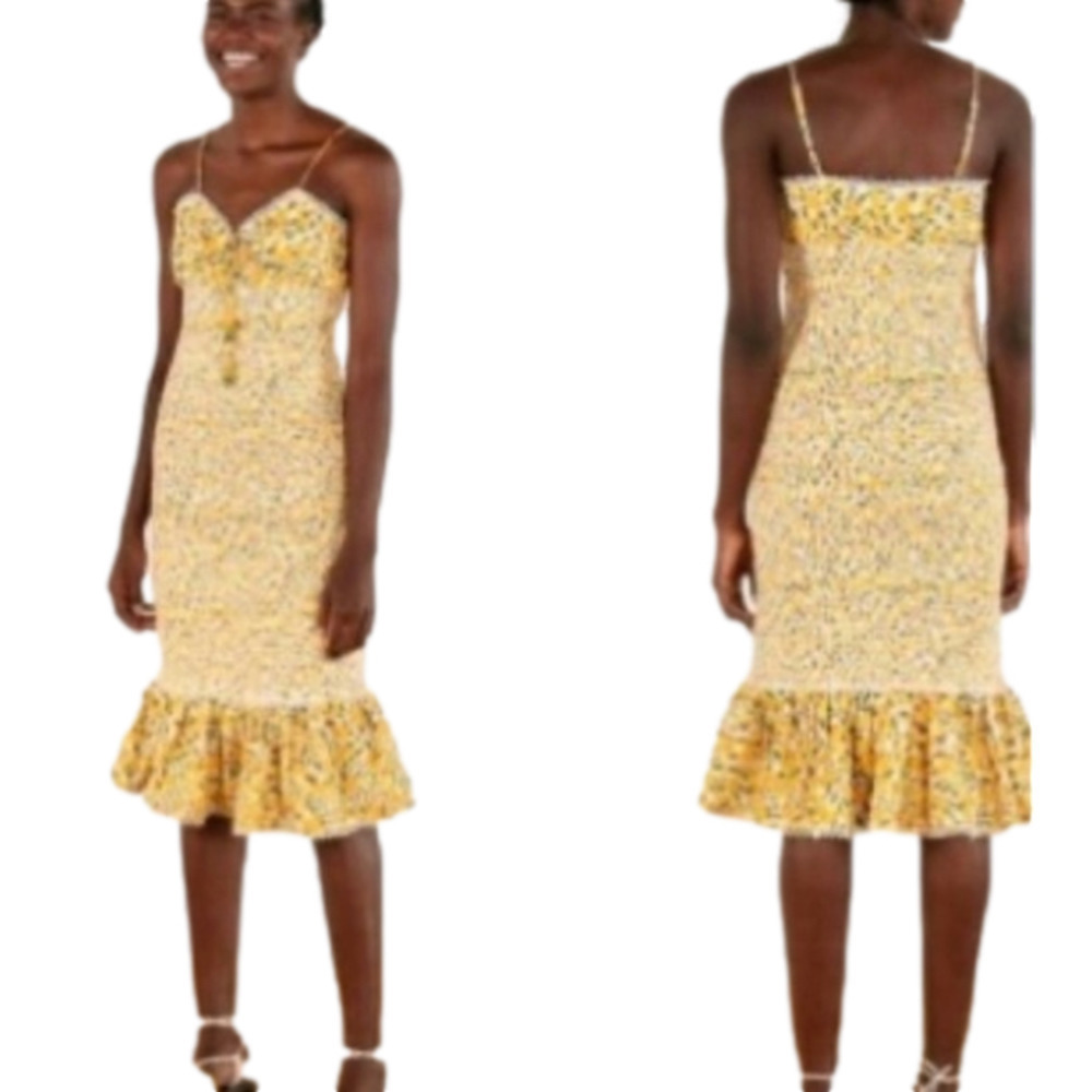 Farm RIO YELLOW AND WHITE CASHEW BODYCON MIDI DRESS- SIZE LARGE- NWT